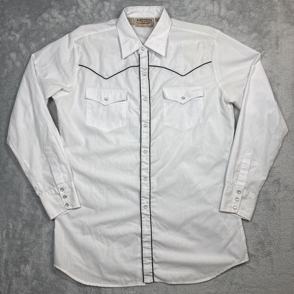 Vintage Ponderosa Western Pearl Snap White Shirt Men L 16-16.5 White Flaws